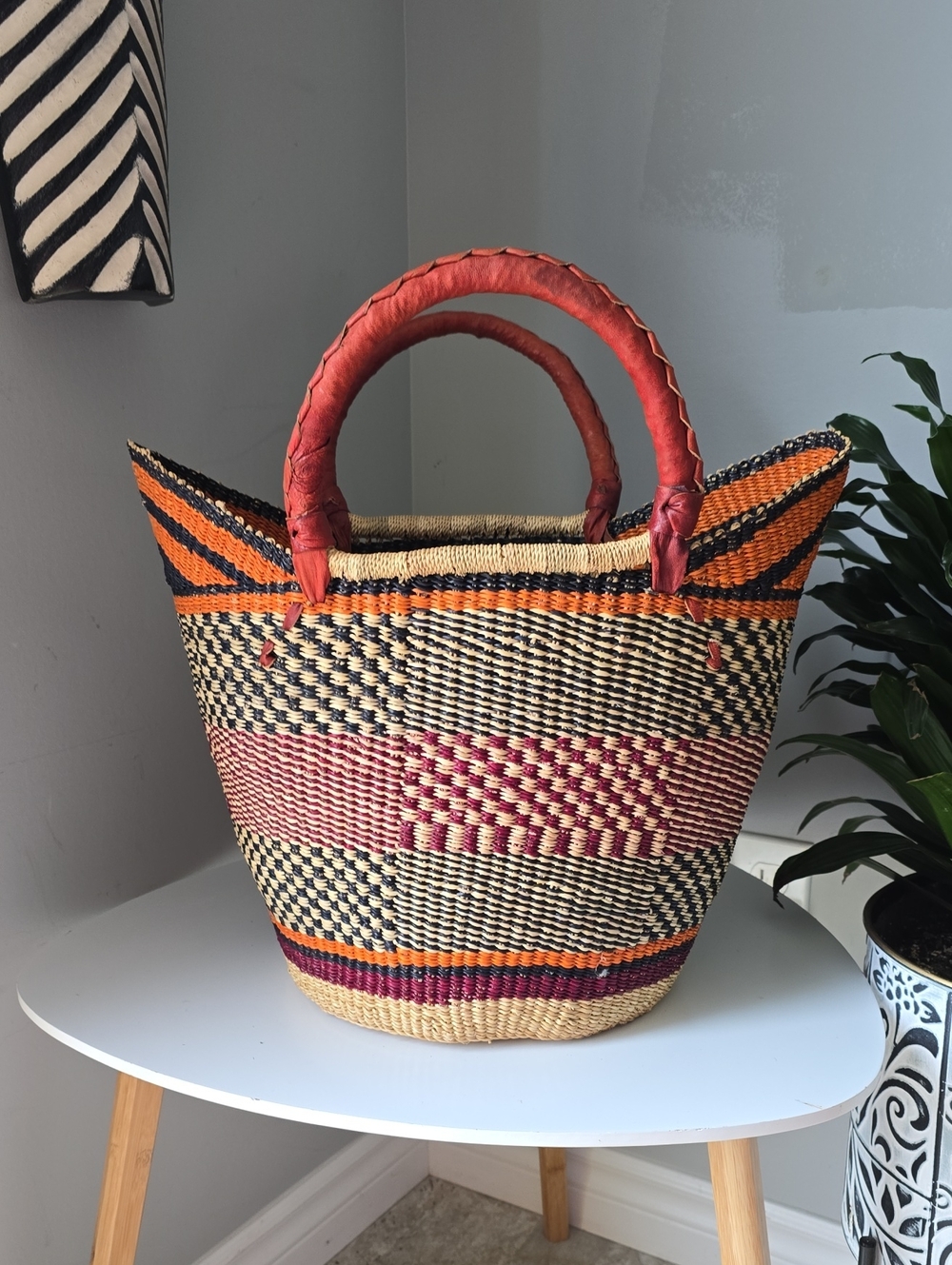 119 Handwoven Strorage Bag with Red Handles